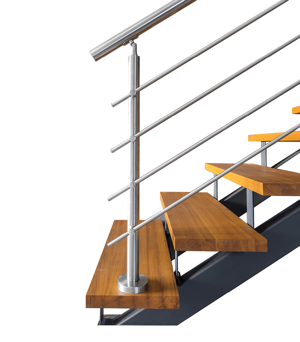 Modern villa interior with wooden staircase, fireplace and sofa in the background