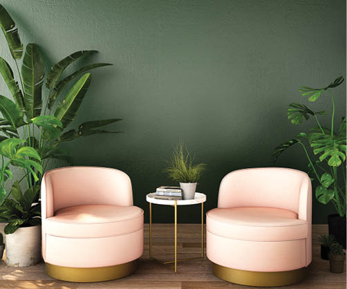 interior design for living area or reception with  armchair,plant,cabinet on wood floor and deep green background   3d illustration,3d rendering