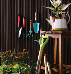 Beautiful plants, gardening tools and accessories on green grass near wood slat wall