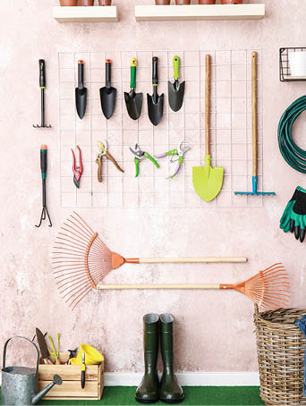 Different gardening supplies in barn