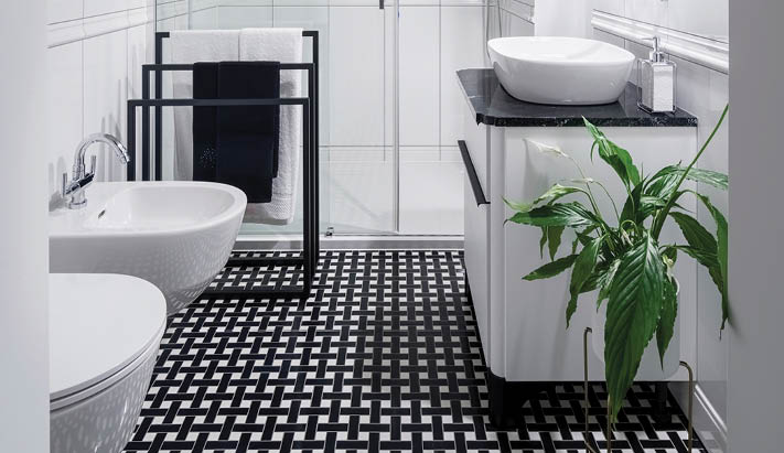 Elegant black and white bathroom, with stylish mosaic floor tiles, big mirror in frame, toilet, bidet and washbasin with drawer and shower behind glass sliding doors
