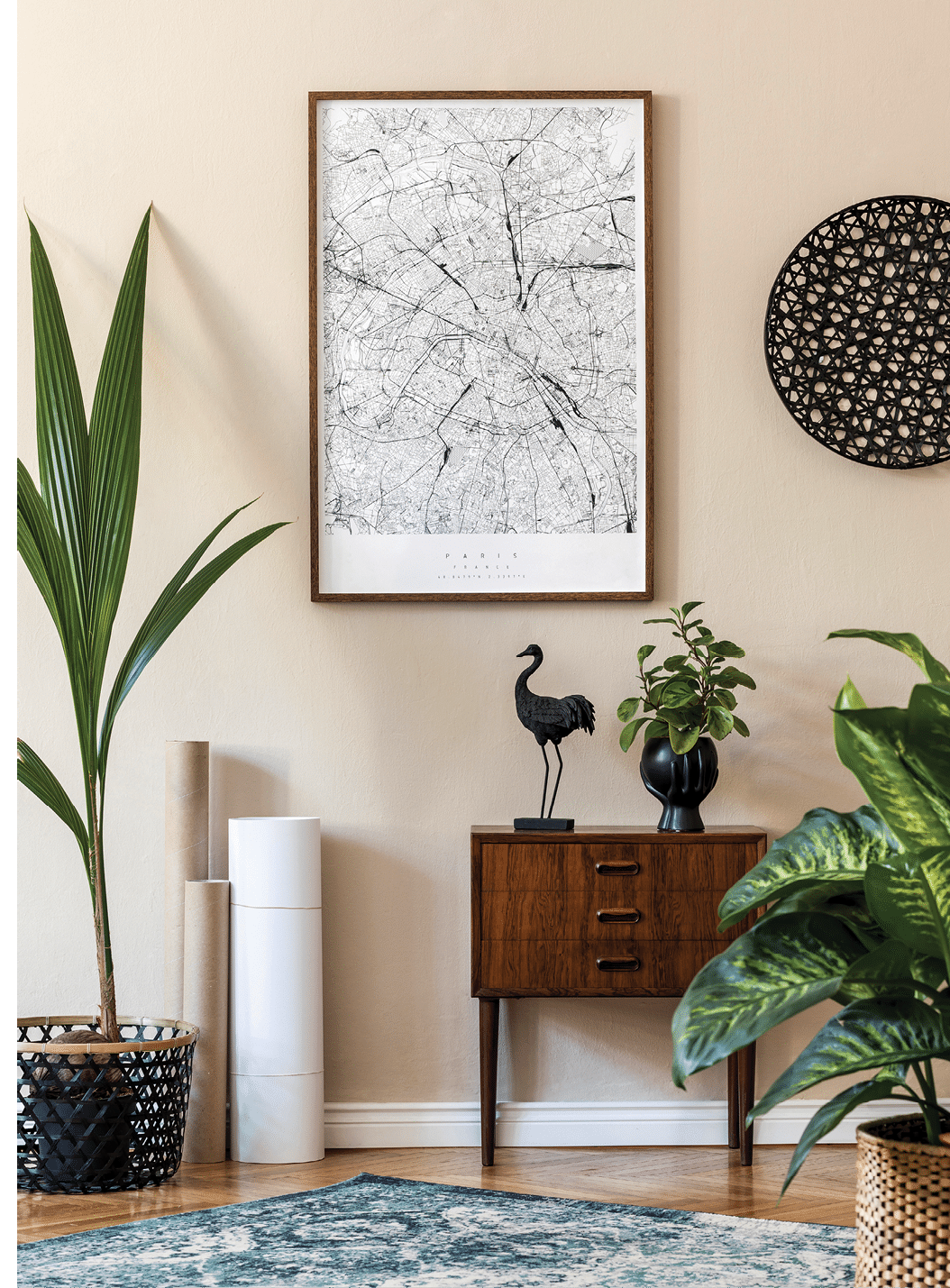 Modern scandinavian living room interior with brown mock up poster frame, design retro commode, rattan decor, carpet, plants, maps and elegant accessories  Template  Stylish home staging  Japandi 