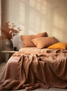 Our Warm Tones Bedroom photograph showcases a blend of earthy colors and natural textures, creating a cozy Mediterranean-inspired space adorned with warm autumn hues.