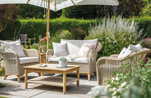 Charming Serene Garden Patio With Cozy Outdoor Furniture, Accent Pillows and Relaxing Setting