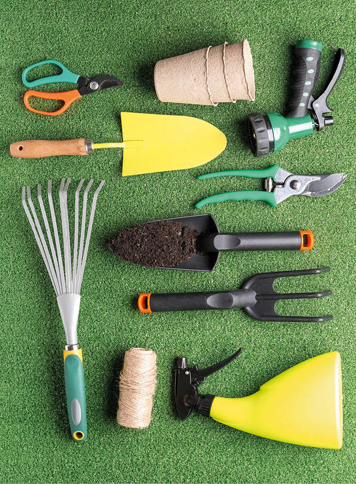Composition with different gardening tools on color background