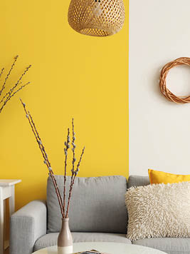 Vase with willow branches and magazines on table in stylish living room