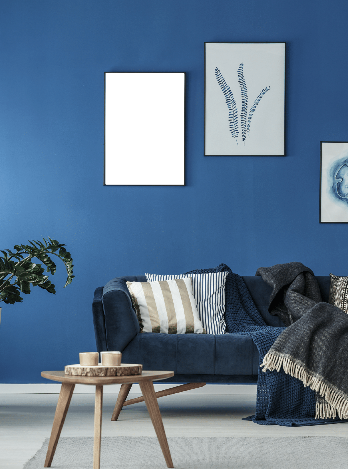 Blue modern interior of cozy spacious lounge with sofa