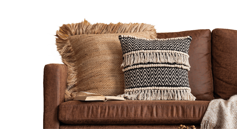 Interior design of warm and cozy living room interior with brown sofa, yellow wall, braided pouf, vase with leaves, books, patterned carpet and personal accessories. Home decor. Template.