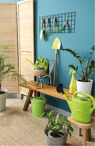 Interior of workshop with gardening tools, bench and pin board