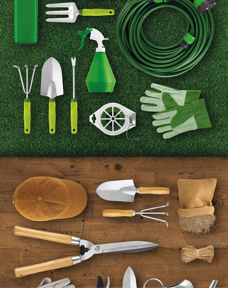 Gardening tool equipment. Top view on wooden table and lawn grass background. Online shopping commerce or advertising. Banner for florist shop or greenhouse, pruning and vegetable garden