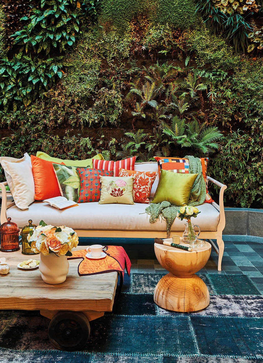 Modern decorative winter garden, colorful design, green plant background.