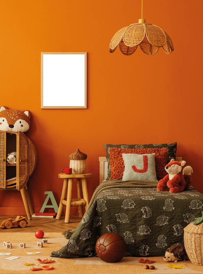 Cozy Kid's Room with Orange Walls and Playful Decor