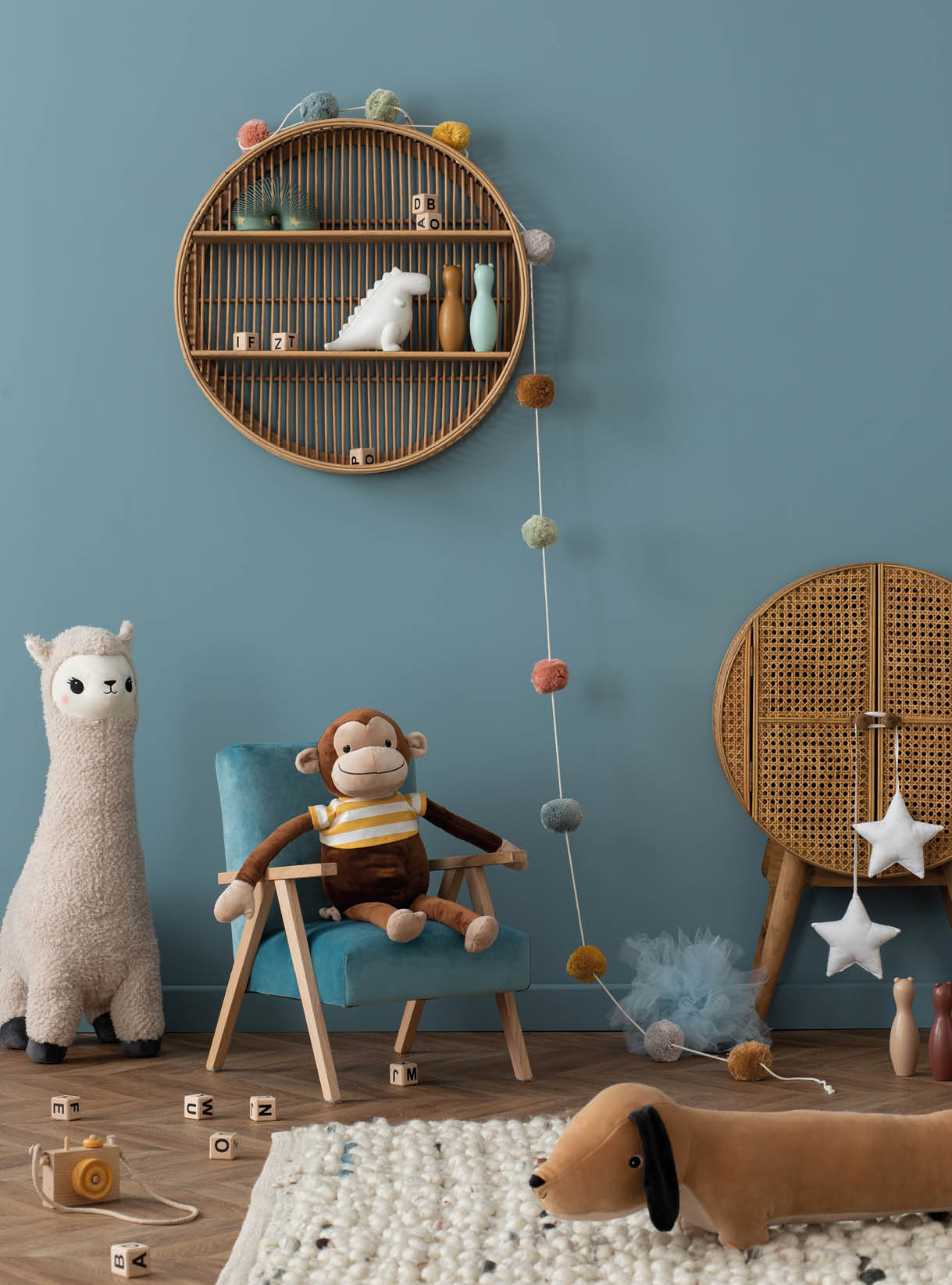 Interior design of warma nd cozy kid room interior with wooden shelf, blue wall, plush toys, lama, mouse, monkey, braided rug, green shelf and. personal accessories. Home decor. Template. 