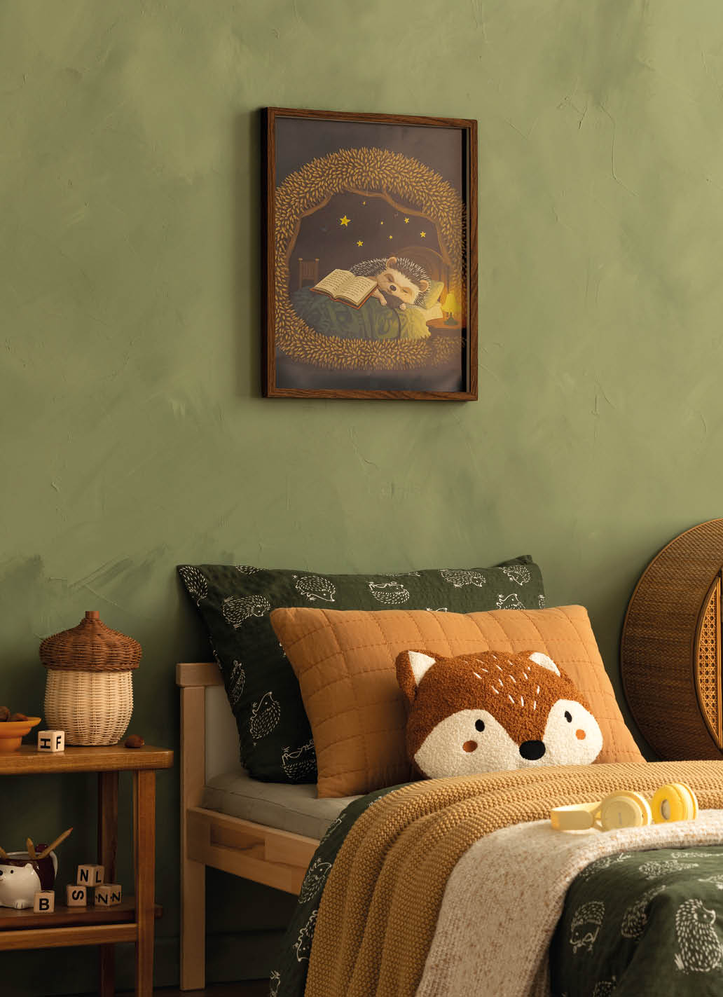 A charming and cozy children's bedroom featuring forest-themed decor, including an animal pillow and wall art, promoting a calm and inviting mood. Ideal for home decor, lifestyle, and stock media