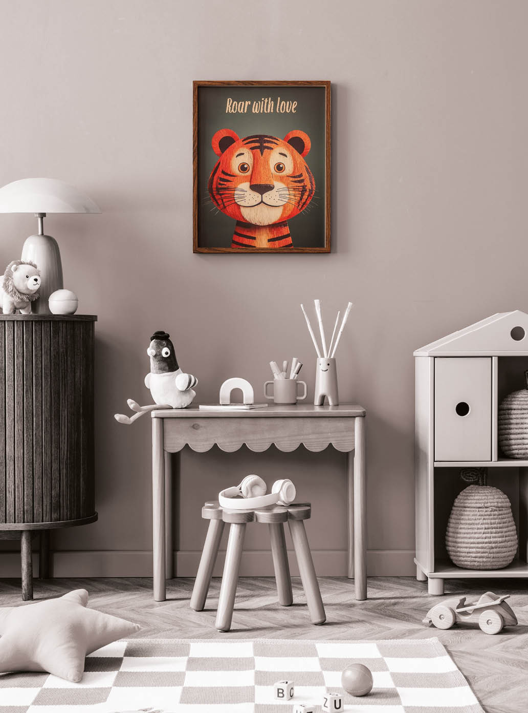 Colorful child room with wooden desk, toys and mock up poster frame. Orange vibe.