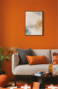 Modern retro style of living room interior with grey sofa and design decorations. Mock up poster on the wall.