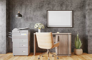3D illustration Mock up poster on concrete wall in Working place at modern home, interior with houseplant and wooden furniture,  decoration with table and chair on parquet floor, rendering