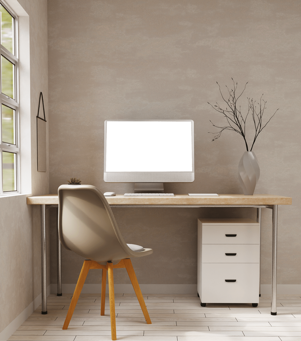 Minimal Scandinavian home working space interior design with blank PC desktop computer mockup and accessories on wooden table over the wall. 3d rendering