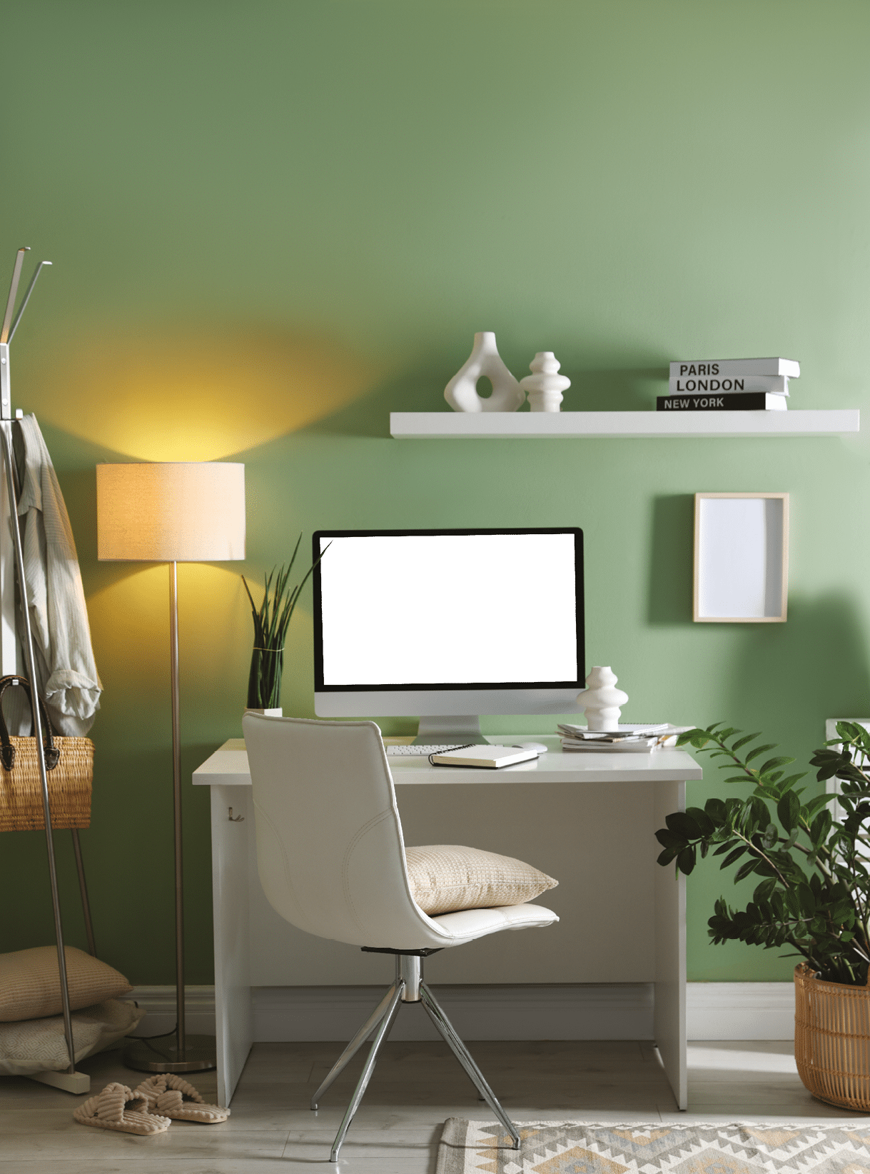 Home office. Comfortable workplace with desk, computer and lamp near light green wall in room