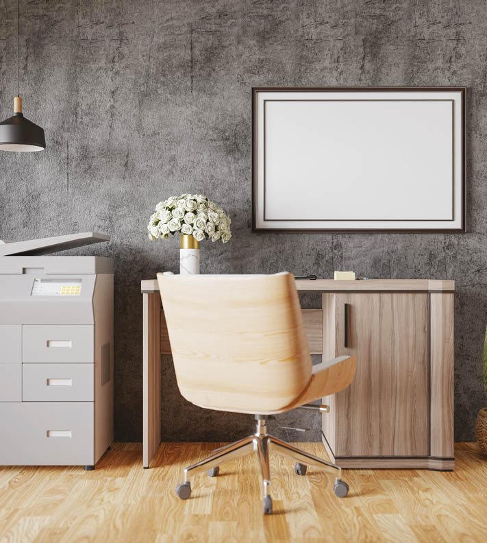 3D illustration Mock up poster on concrete wall in Working place at modern home, interior with houseplant and wooden furniture,  decoration with table and chair on parquet floor, rendering