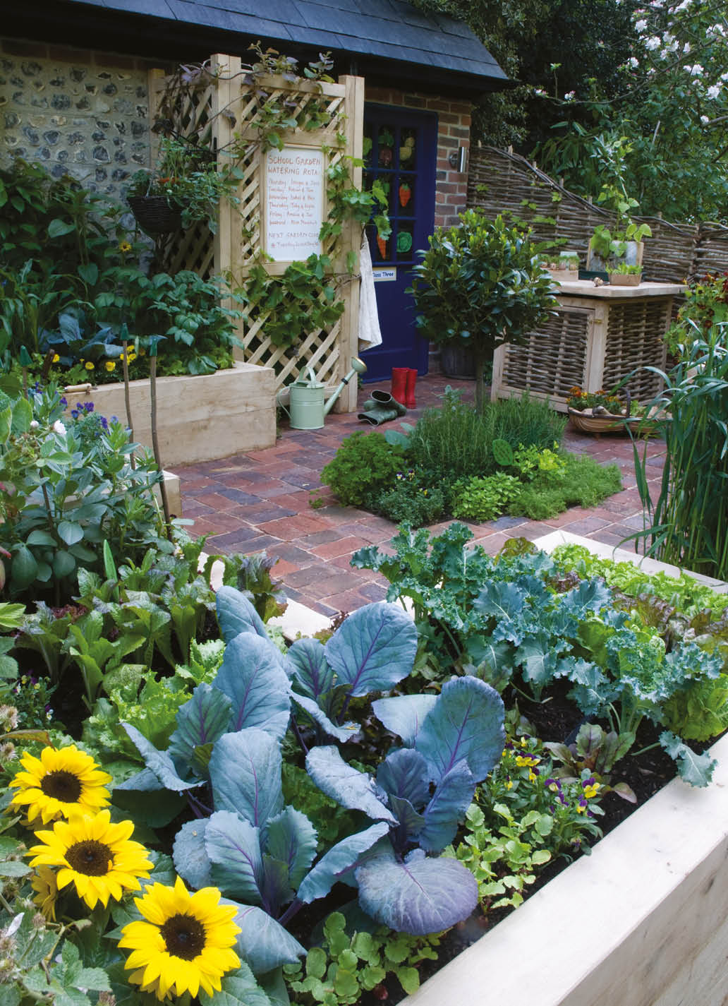 Bright sunflowers stand tall next to a lush vegetable garden featuring kale and other greens, creating a charming outdoor space.