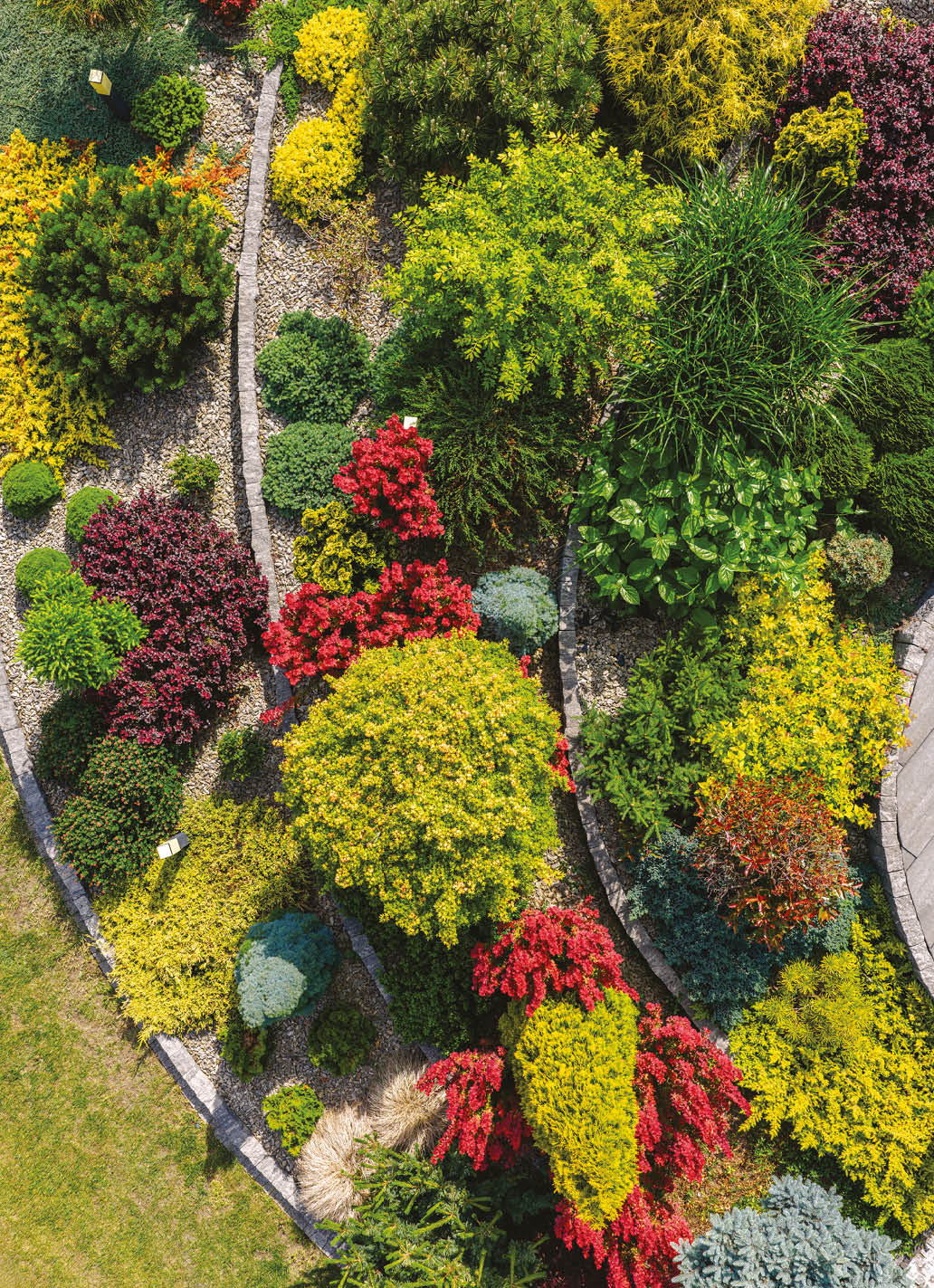 A beautifully arranged garden features a variety of colorful plants and shrubs, creating an eye-catching landscape. The vibrant foliage demonstrates careful landscaping.