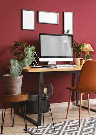 Interior of stylish office with workplace, blank frames and houseplants