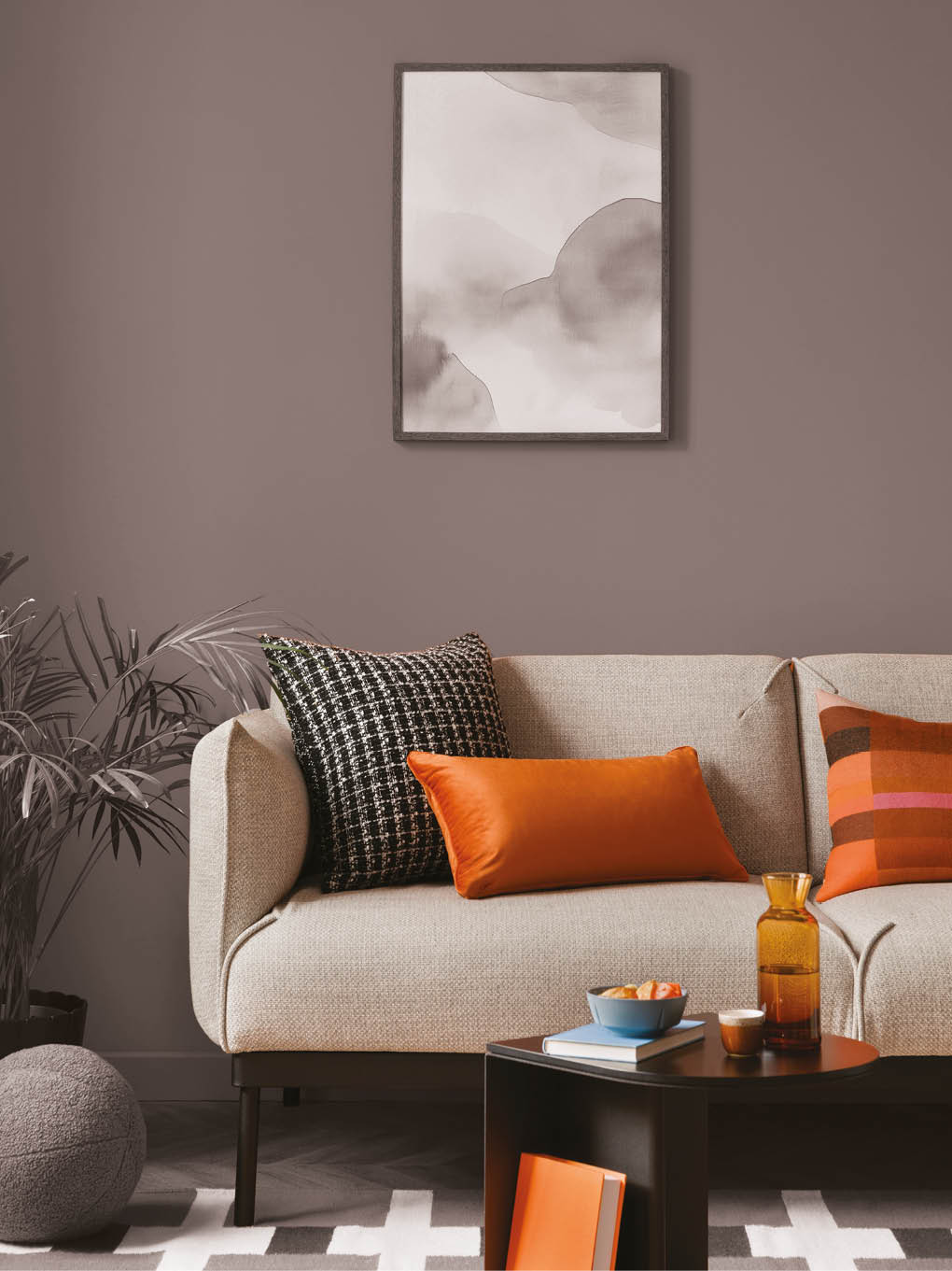 Modern retro style of living room interior with grey sofa and design decorations. Mock up poster on the wall.