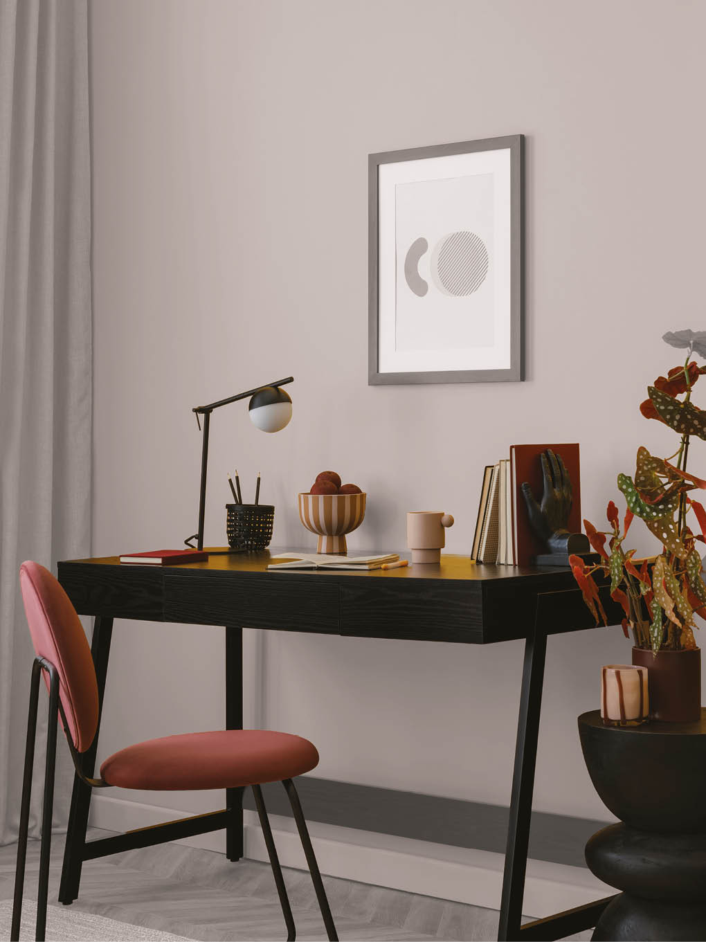 Warm living room interior with mock up poster frame, black desk, burgund chair, books, curtain, vase with flowers, simple lamp, yellow wall and personal accessories. Home decor. Template. 